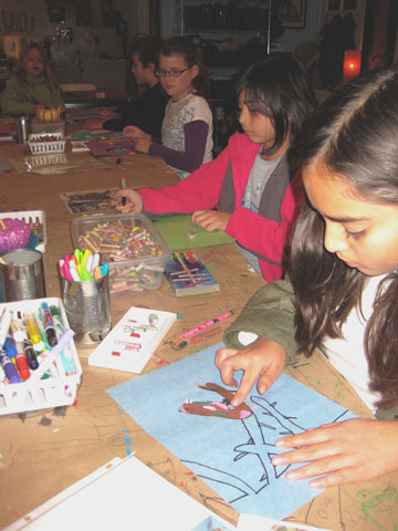 Youth artists create birds with oil pastels in the November 4th "$5 Fridays" Artist Workshop!